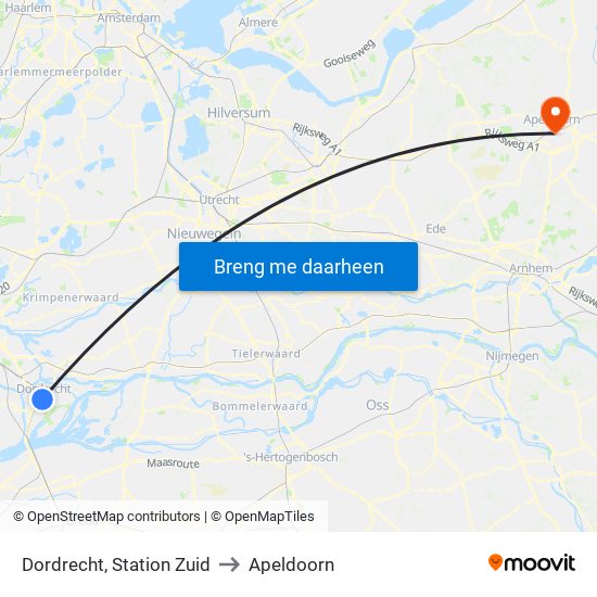 Dordrecht, Station Zuid to Apeldoorn map