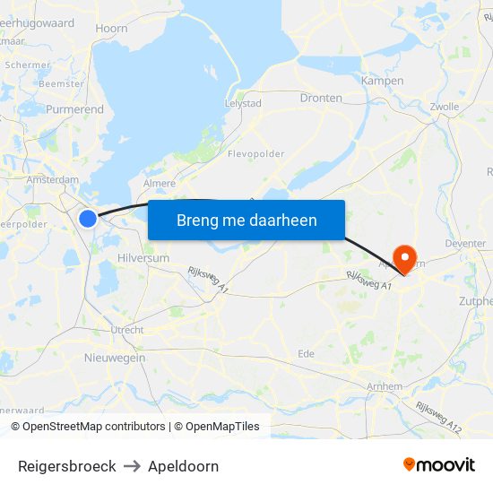 Reigersbroeck to Apeldoorn map
