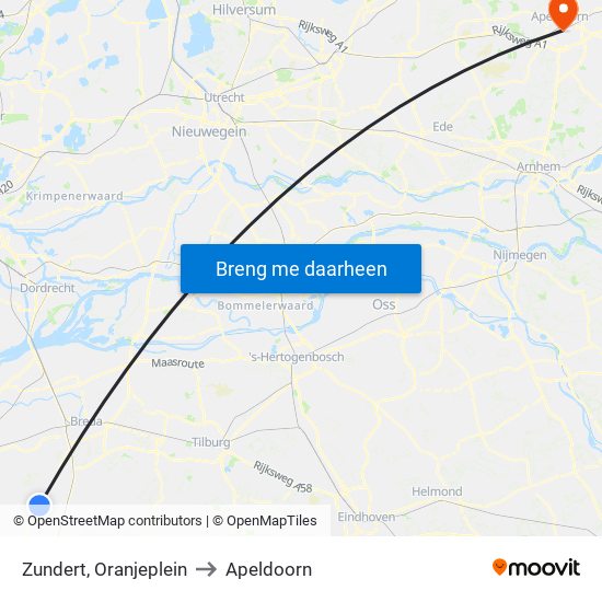 Zundert, Oranjeplein to Apeldoorn map
