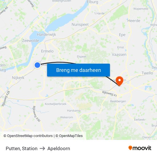 Putten, Station to Apeldoorn map