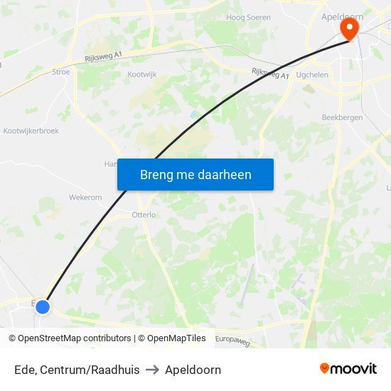 Ede, Centrum/Raadhuis to Apeldoorn map