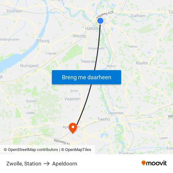 Zwolle, Station to Apeldoorn map