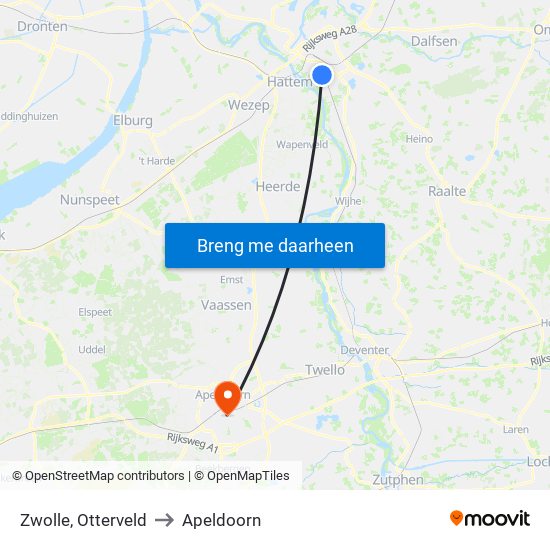 Zwolle, Otterveld to Apeldoorn map