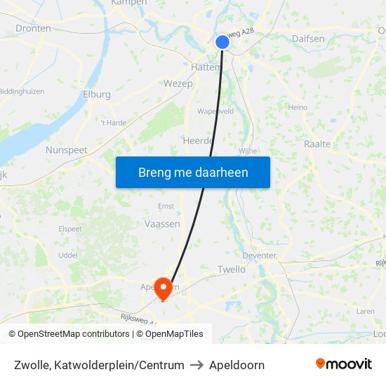 Zwolle, Katwolderplein/Centrum to Apeldoorn map
