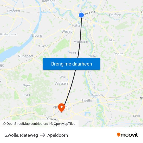 Zwolle, Rieteweg to Apeldoorn map