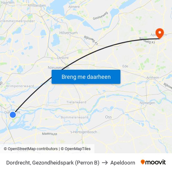 Dordrecht, Gezondheidspark (Perron B) to Apeldoorn map