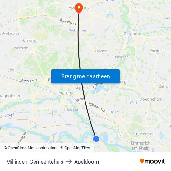 Millingen, Gemeentehuis to Apeldoorn map