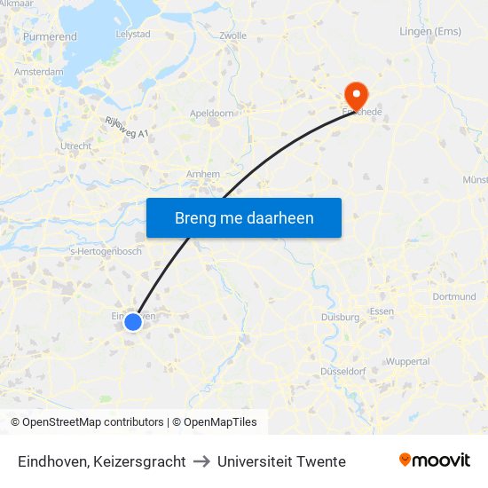 Eindhoven, Keizersgracht to Universiteit Twente map