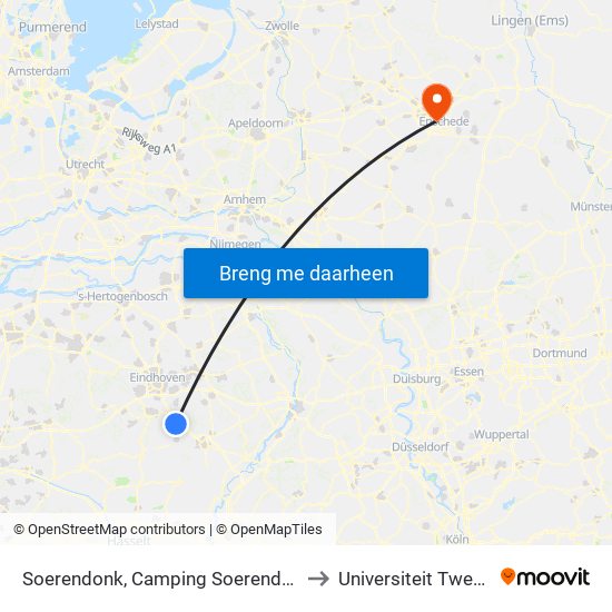 Soerendonk, Camping Soerendonk to Universiteit Twente map