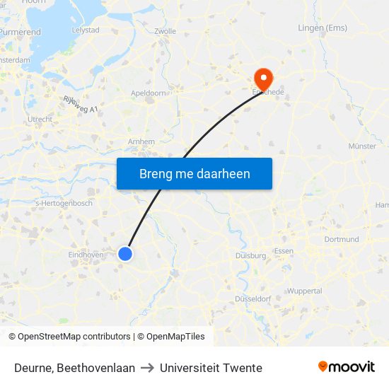 Deurne, Beethovenlaan to Universiteit Twente map