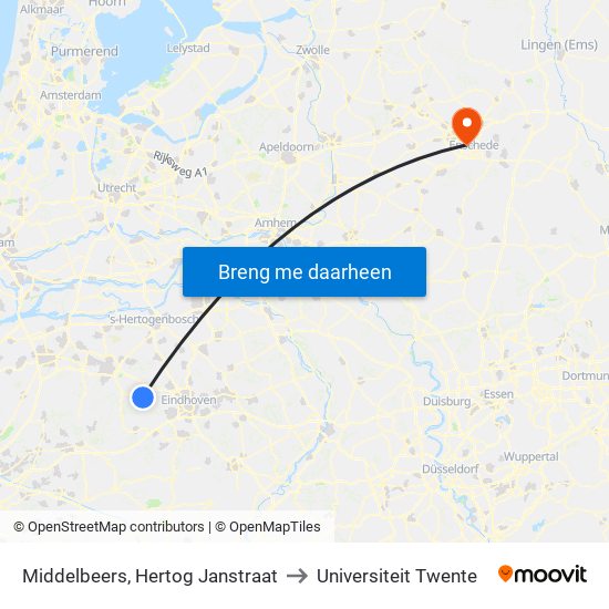 Middelbeers, Hertog Janstraat to Universiteit Twente map