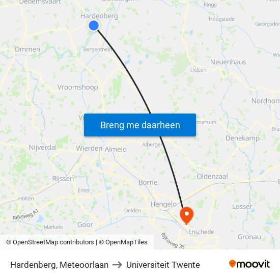 Hardenberg, Meteoorlaan to Universiteit Twente map