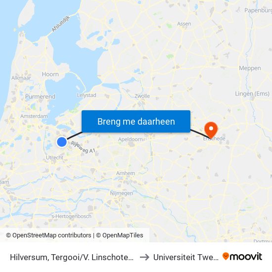 Hilversum, Tergooi/V. Linschotenlaan to Universiteit Twente map