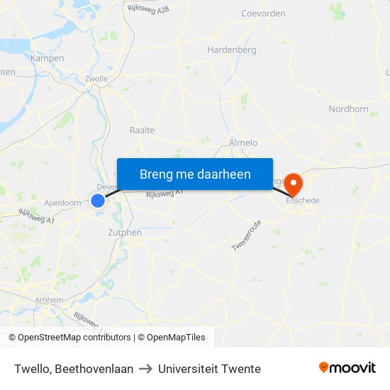 Twello, Beethovenlaan to Universiteit Twente map