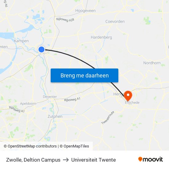 Zwolle, Deltion Campus to Universiteit Twente map