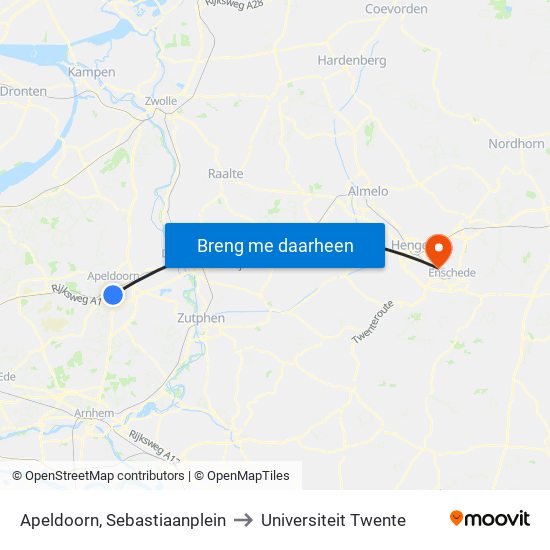 Apeldoorn, Sebastiaanplein to Universiteit Twente map