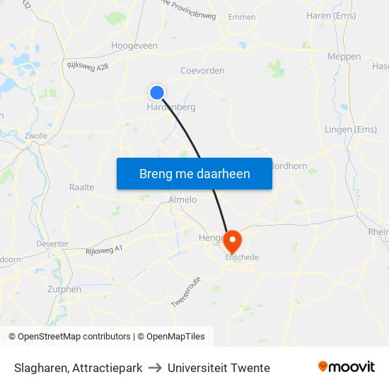 Slagharen, Attractiepark to Universiteit Twente map