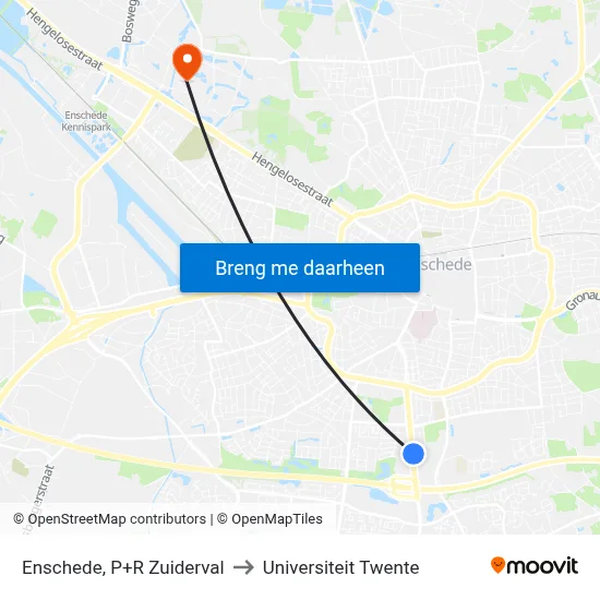 Enschede, P+R Zuiderval to Universiteit Twente map