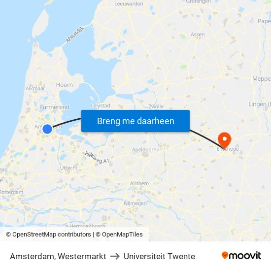 Amsterdam, Westermarkt to Universiteit Twente map