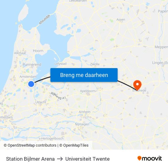 Station Bijlmer Arena to Universiteit Twente map