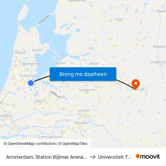 Amsterdam, Station Bijlmer Arena (Perron J) to Universiteit Twente map