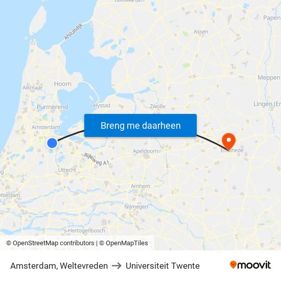 Amsterdam, Weltevreden to Universiteit Twente map