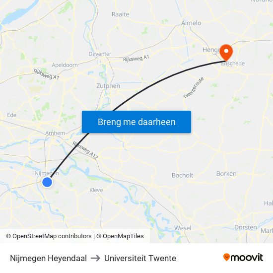 Nijmegen Heyendaal to Universiteit Twente map