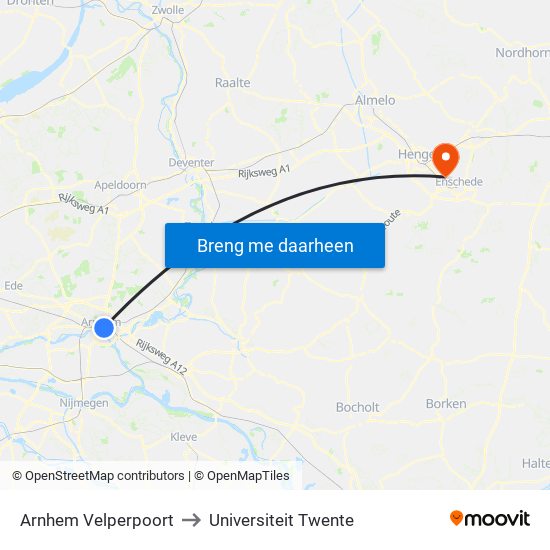Arnhem Velperpoort to Universiteit Twente map