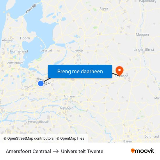 Amersfoort Centraal to Universiteit Twente map