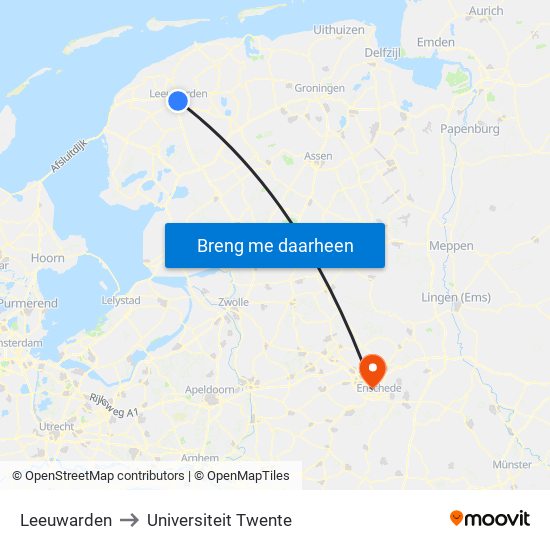 Leeuwarden to Universiteit Twente map