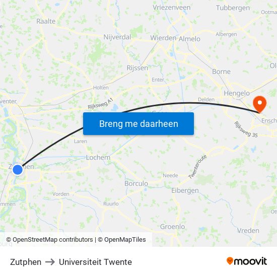 Zutphen to Universiteit Twente map