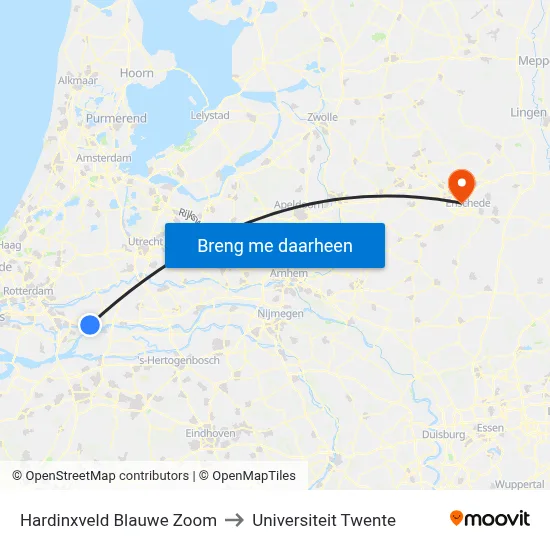 Hardinxveld Blauwe Zoom to Universiteit Twente map