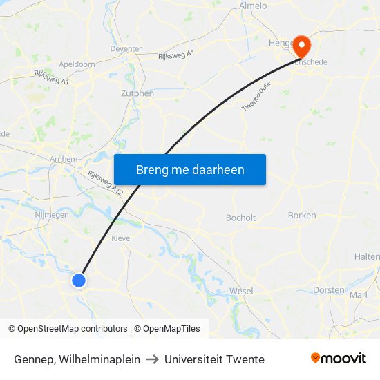 Gennep, Wilhelminaplein to Universiteit Twente map