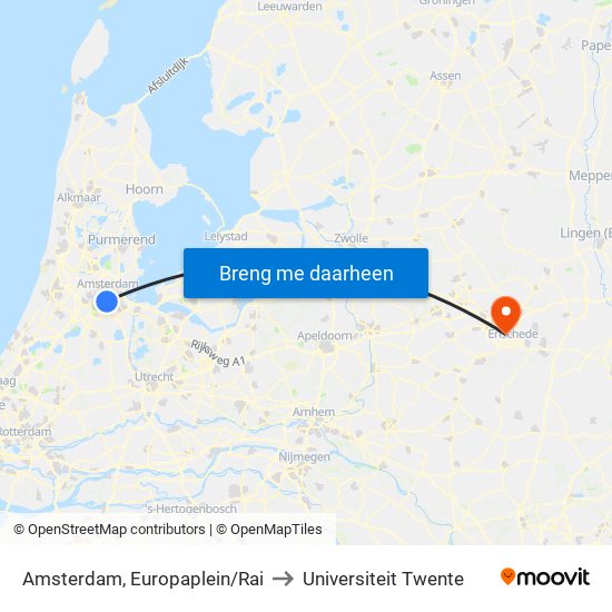 Amsterdam, Europaplein/Rai to Universiteit Twente map