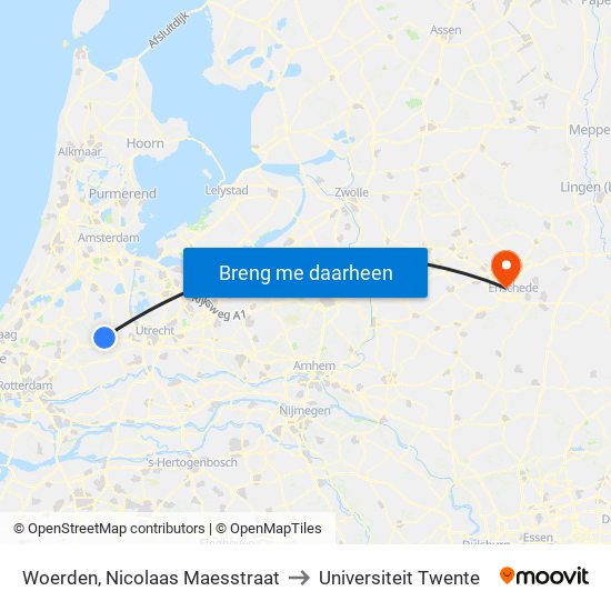 Woerden, Nicolaas Maesstraat to Universiteit Twente map