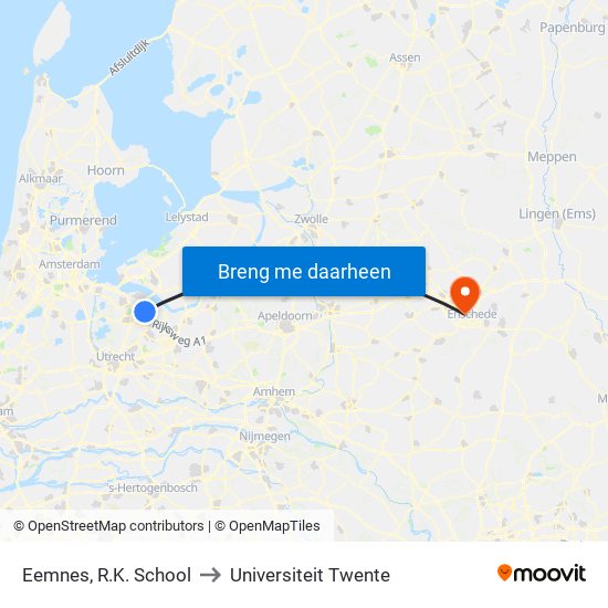 Eemnes, R.K. School to Universiteit Twente map