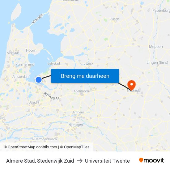 Almere Stad, Stedenwijk Zuid to Universiteit Twente map