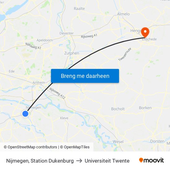 Nijmegen, Station Dukenburg to Universiteit Twente map