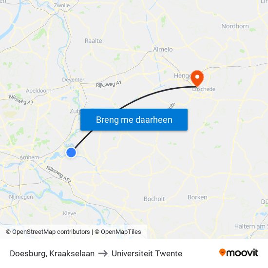 Doesburg, Kraakselaan to Universiteit Twente map