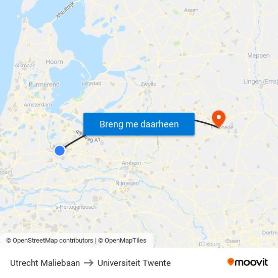 Utrecht Maliebaan to Universiteit Twente map