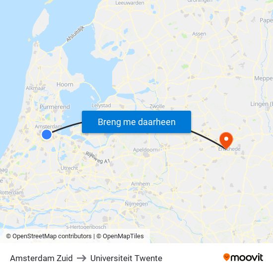 Amsterdam Zuid to Universiteit Twente map