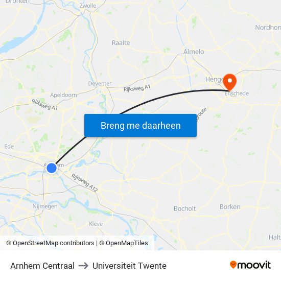 Arnhem Centraal to Universiteit Twente map