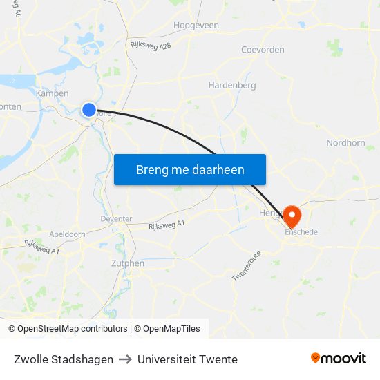 Zwolle Stadshagen to Universiteit Twente map