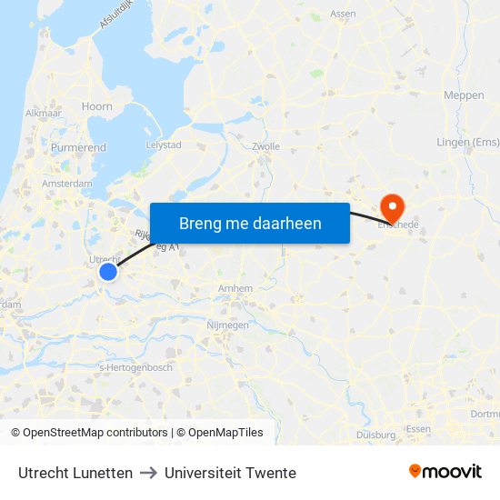 Utrecht Lunetten to Universiteit Twente map