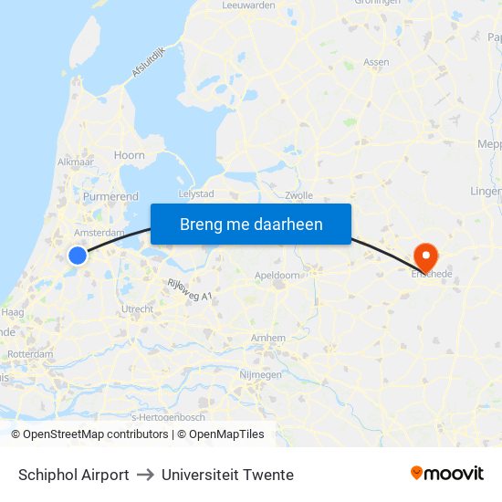 Schiphol Airport to Universiteit Twente map