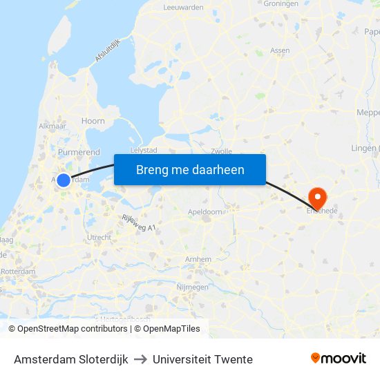 Amsterdam Sloterdijk to Universiteit Twente map