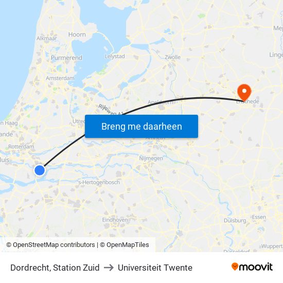 Dordrecht, Station Zuid to Universiteit Twente map