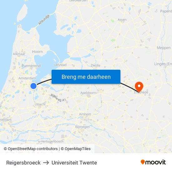 Reigersbroeck to Universiteit Twente map