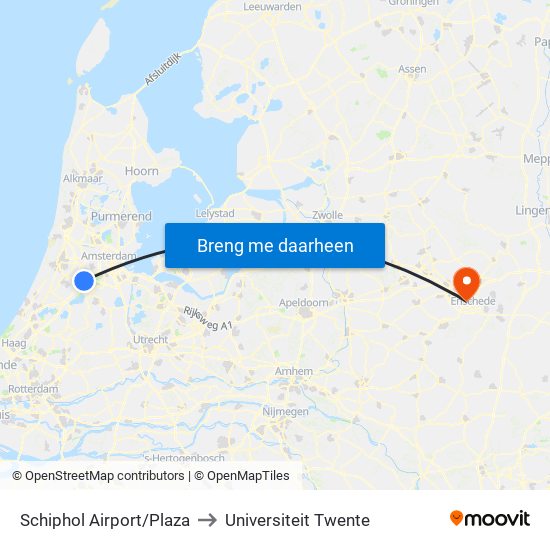 Schiphol Airport/Plaza to Universiteit Twente map