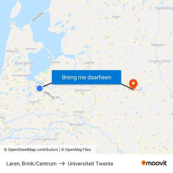 Laren, Brink/Centrum to Universiteit Twente map